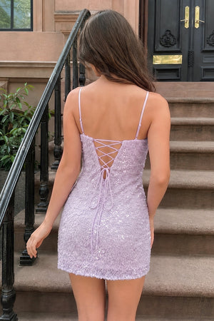 Lavender Bodycon Spaghetti Straps Short Homecoming Dress With Sequins (2) | SHEISME