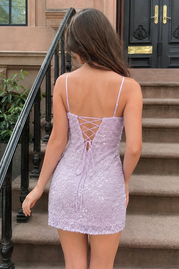 Lavender Bodycon Spaghetti Straps Short Homecoming Dress With Sequins (2) | SHEISME
