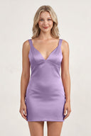 Lavender Bodycon V-Neck Satin Short Homecoming Dress with Bow | SHEISME