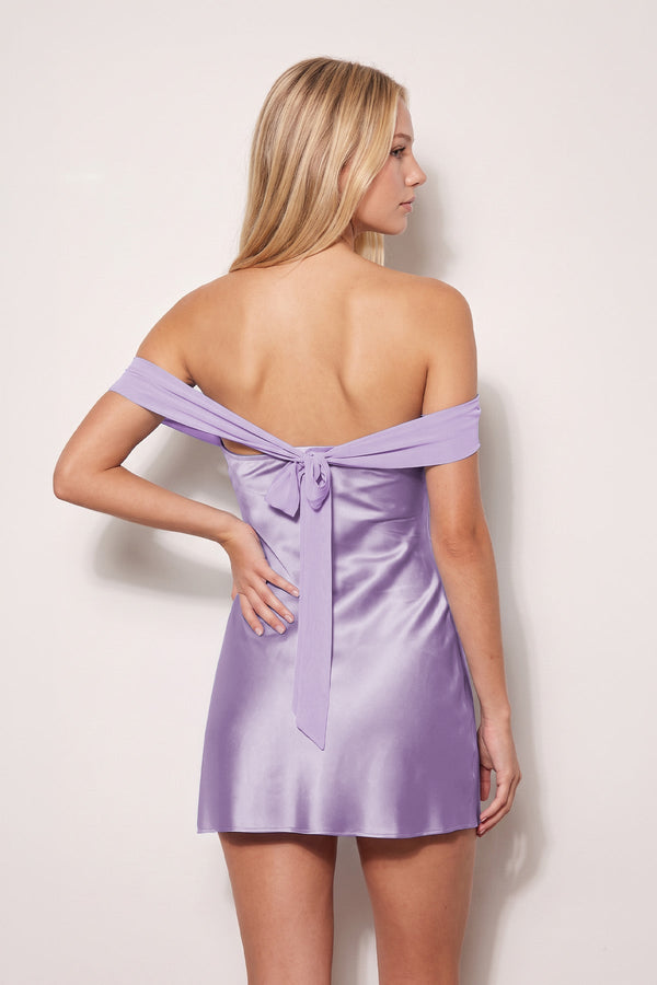 Lavender Off the Shoulder Sheath Satin Mini Homecoming Dress (4) | SHEISME