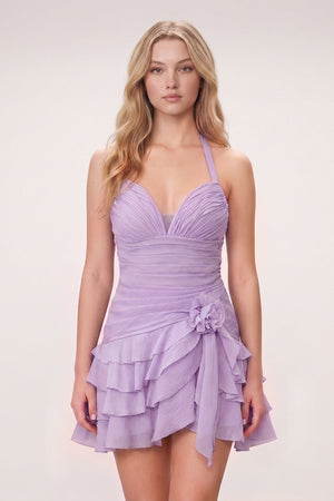 Lavender Organza Halter A-Line Pleated Ruffled Homecoming Dress | SHEISME