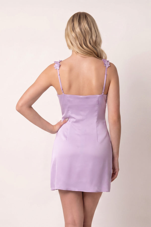 Lavender Sheath Satin V Neck Short Homecoming Dresses with Flower Straps (2) | SHEISME