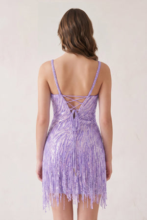 Lavender Sheath V Neck Sequined Tassels Homecoming Dresses (2) | SHEISME