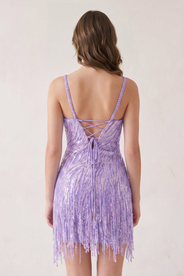 Lavender Sheath V Neck Sequined Tassels Homecoming Dresses (2) | SHEISME