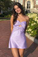 Lavender Strapless Sheath Satin Pleated Cutout Short Homecoming Dresses - SHEISME