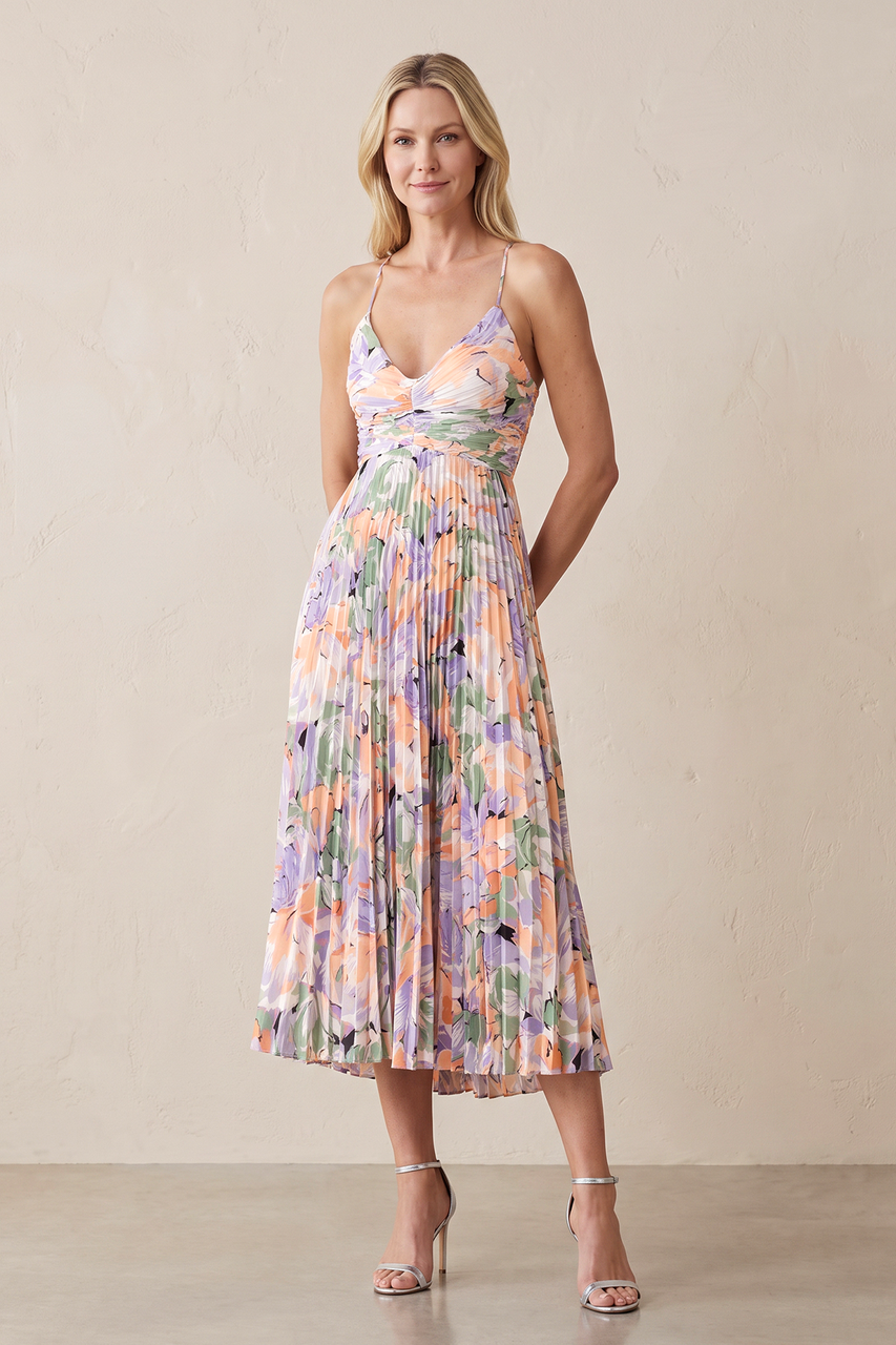 Lavender V-Neck A-Line Pleated Floral Printed Midi Wedding Guest Dress