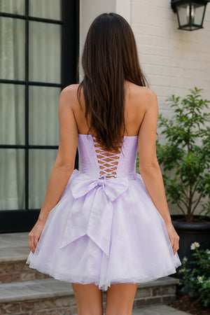 Lavender Strapless Tulle A-Line Short Corset Homecoming Dress with Bow - SHEISME