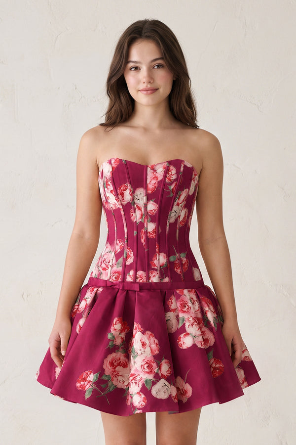 Mulberry Sweetheart A-Line Floral Printed Satin Corset Homecoming Dress | SHEISME