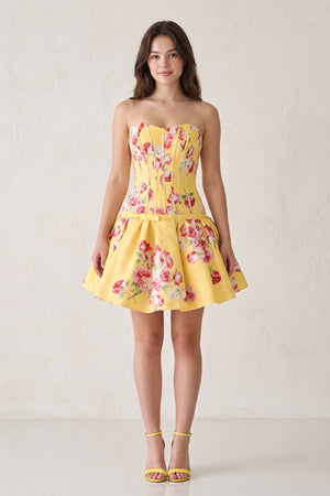 Lemon Sweetheart A-Line Floral Printed Satin Corset Homecoming Dress (3) | SHEISME