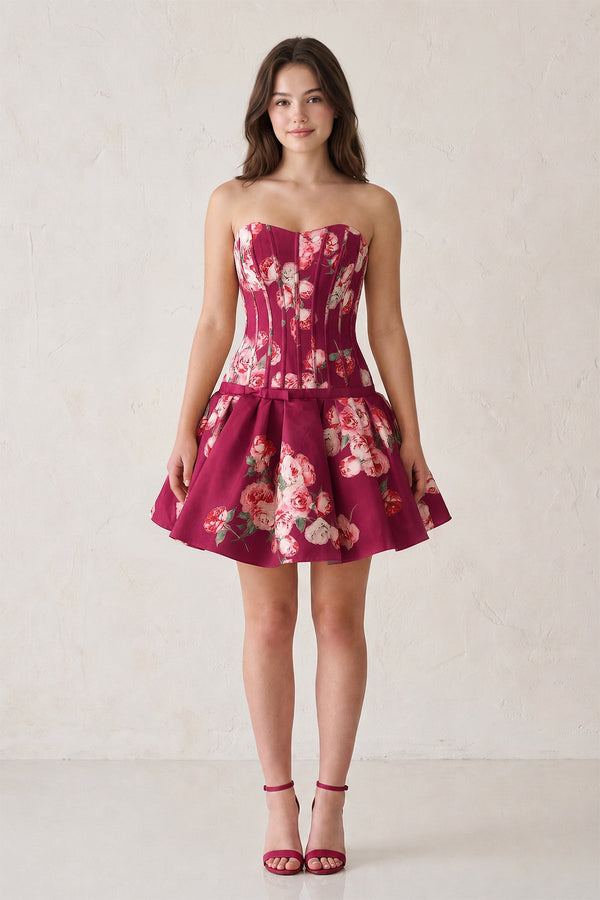 Mulberry Sweetheart A-Line Floral Printed Satin Corset Homecoming Dress (3) | SHEISME