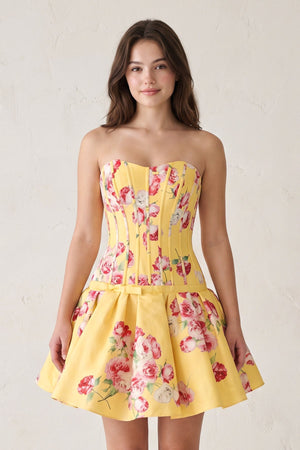 Lemon Sweetheart A-Line Floral Printed Satin Corset Homecoming Dress | SHEISME