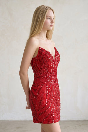 Red Strapless V Neck Sequins Bodycon Short Homecoming Dresses - SHEISME