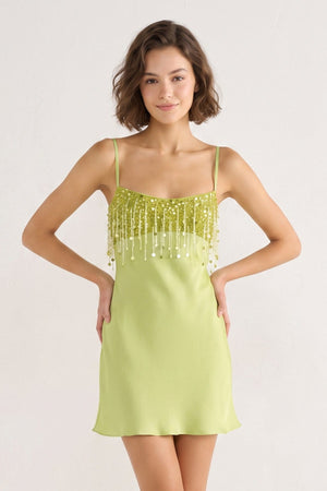 Lime Green Sheath Fringed Satin Homecoming Dress With Sequins (3) | SHEISME