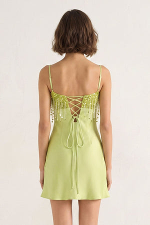 Lime Green Sheath Fringed Satin Homecoming Dress With Sequins (4) | SHEISME