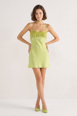 Lime Green Sheath Fringed Satin Homecoming Dress With Sequins (5) | SHEISME