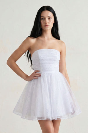 White A Line Strapless Glitter Tulle Ruffled Homecoming Dresses with Bow - SHEISME