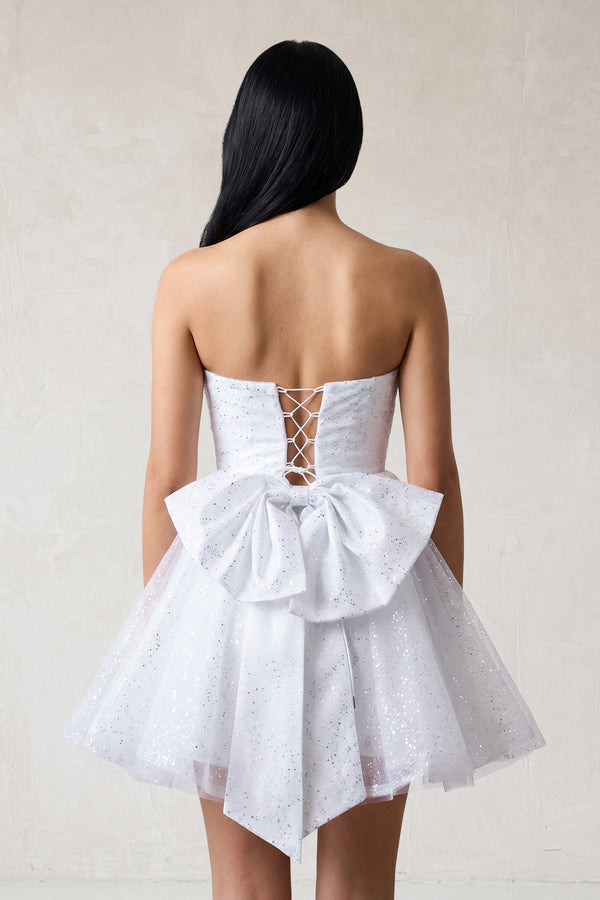 White A Line Strapless Glitter Tulle Ruffled Homecoming Dresses with Bow - SHEISME