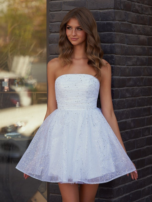 White A Line Strapless Glitter Tulle Ruffled Homecoming Dresses with Bow - SHEISME