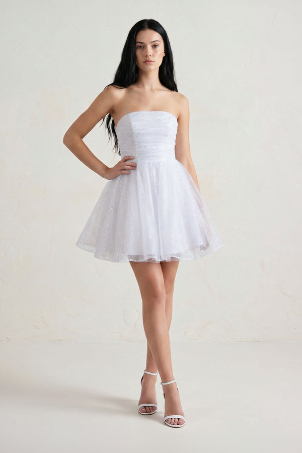 White A Line Strapless Glitter Tulle Ruffled Homecoming Dresses with Bow - SHEISME