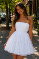 White A Line Strapless Glitter Tulle Ruffled Homecoming Dresses with Bow - SHEISME