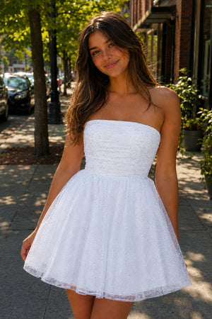 White A Line Strapless Glitter Tulle Ruffled Homecoming Dresses with Bow - SHEISME