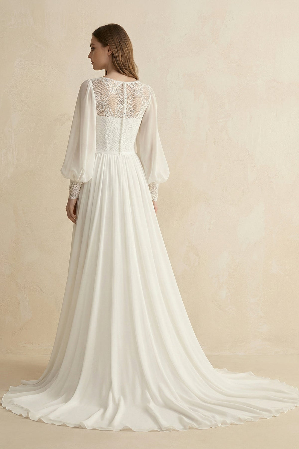 Long Sleeve A Line Wedding Dress With Appliques in Ivory - SHE IS ME Wedding Dresses