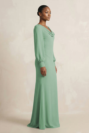 Long Sleeve V - Neck Sheath Chiffon Bridesmaid Dress in Sea Glass - SHE IS ME Bridesmaid Dresses