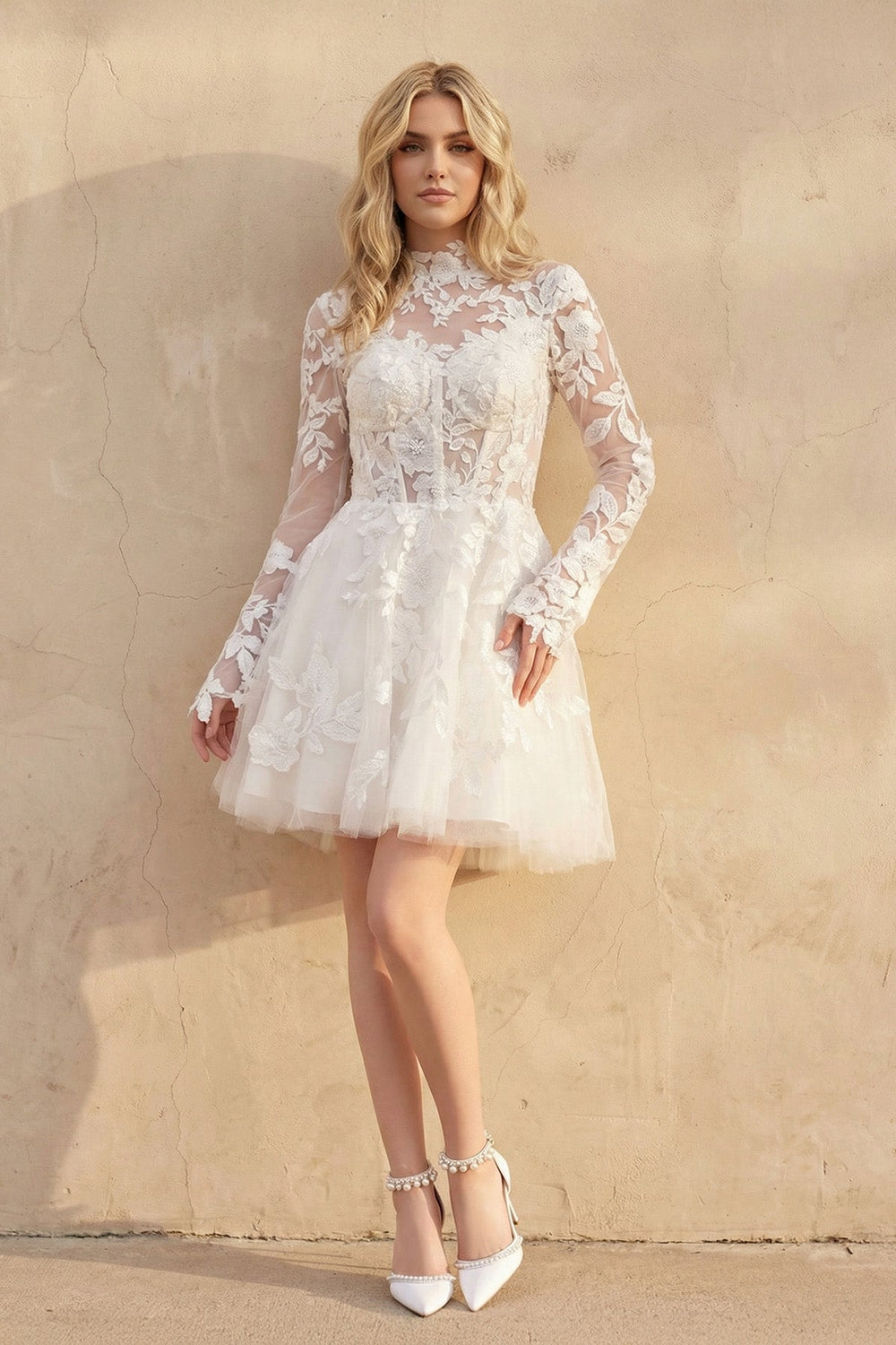 Long Sleeves A Line Lace Wedding Dress in Ivory - SHE IS ME Wedding Dresses