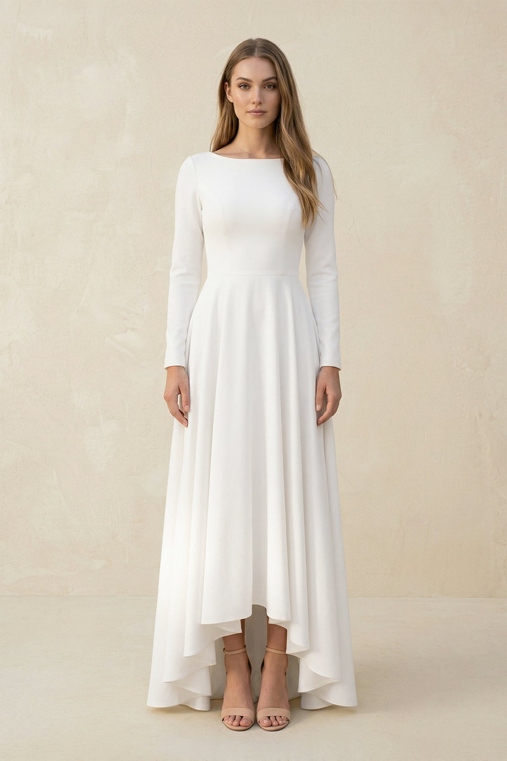 Long Sleeves A Line Satin High Low Wedding Dress in White - SHE IS ME Wedding Dresses
