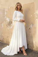 Long Sleeves A Line Satin High Low Wedding Dress in White - SHE IS ME Wedding Dresses