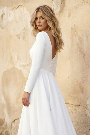 Long Sleeves A Line Satin High Low Wedding Dress in White - SHE IS ME Wedding Dresses