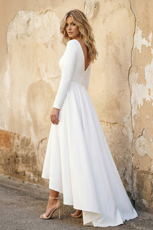 Long Sleeves A Line Satin High Low Wedding Dress in White - SHE IS ME Wedding Dresses