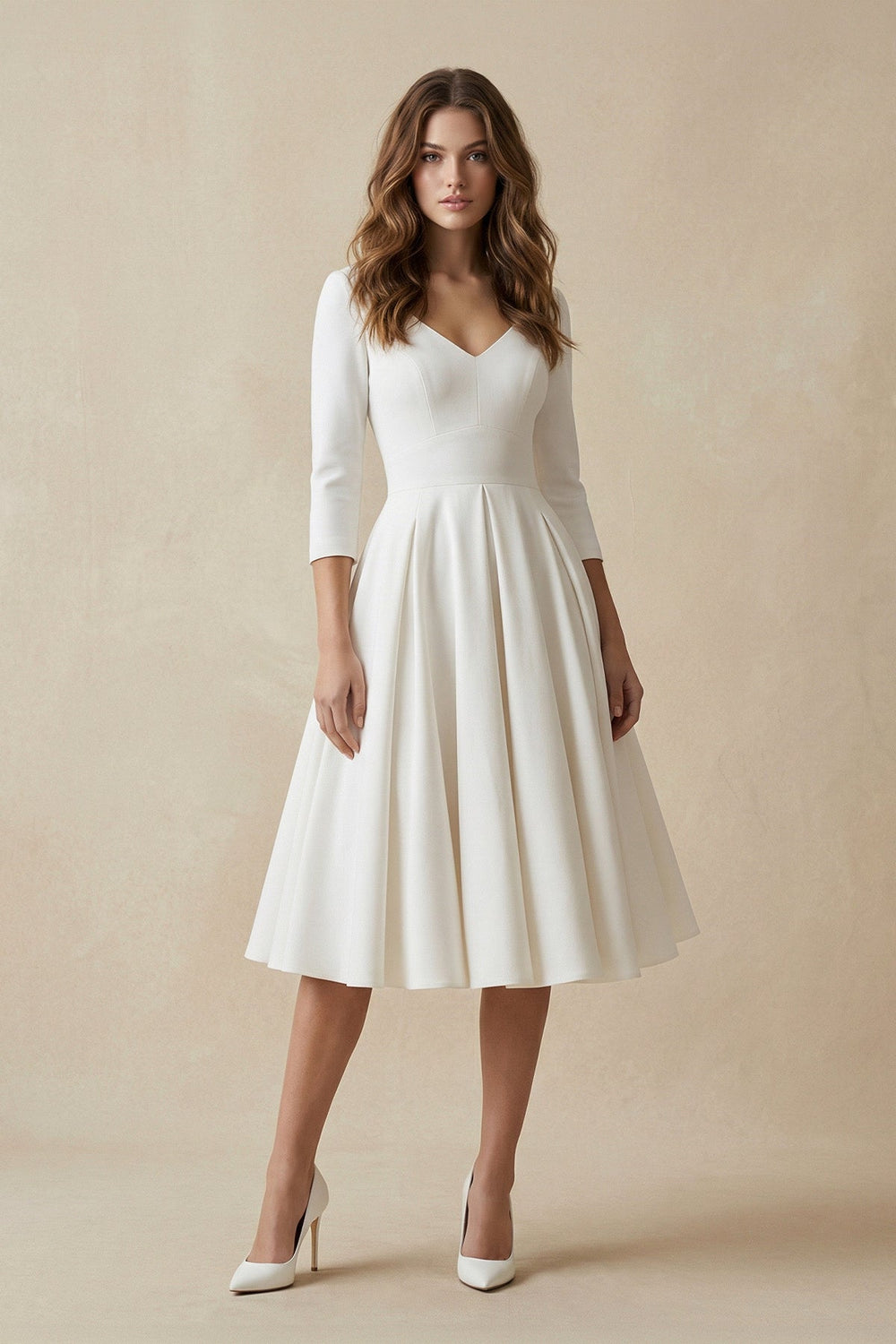 Long Sleeves A Line Satin Wedding Dress in White - SHE IS ME Wedding Dresses
