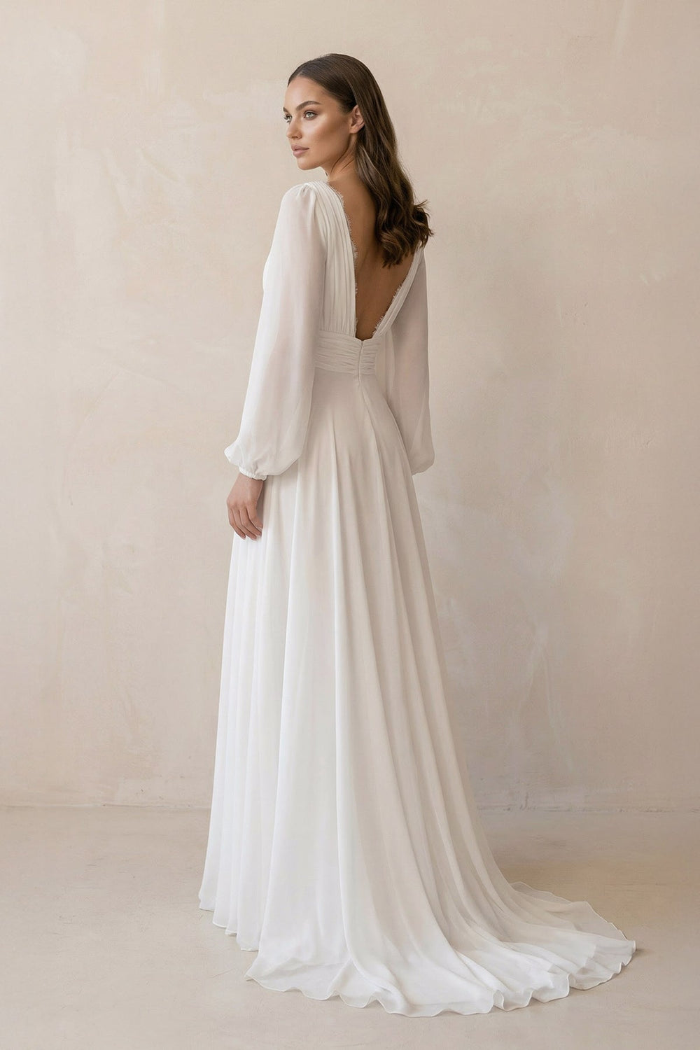 Long Sleeves Chiffon Wedding Dress With Slit in White - SHE IS ME Wedding Dresses