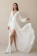 Long Sleeves Chiffon Wedding Dress With Slit in White - SHE IS ME Wedding Dresses