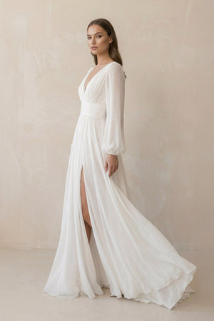 Long Sleeves Chiffon Wedding Dress With Slit in White - SHE IS ME Wedding Dresses