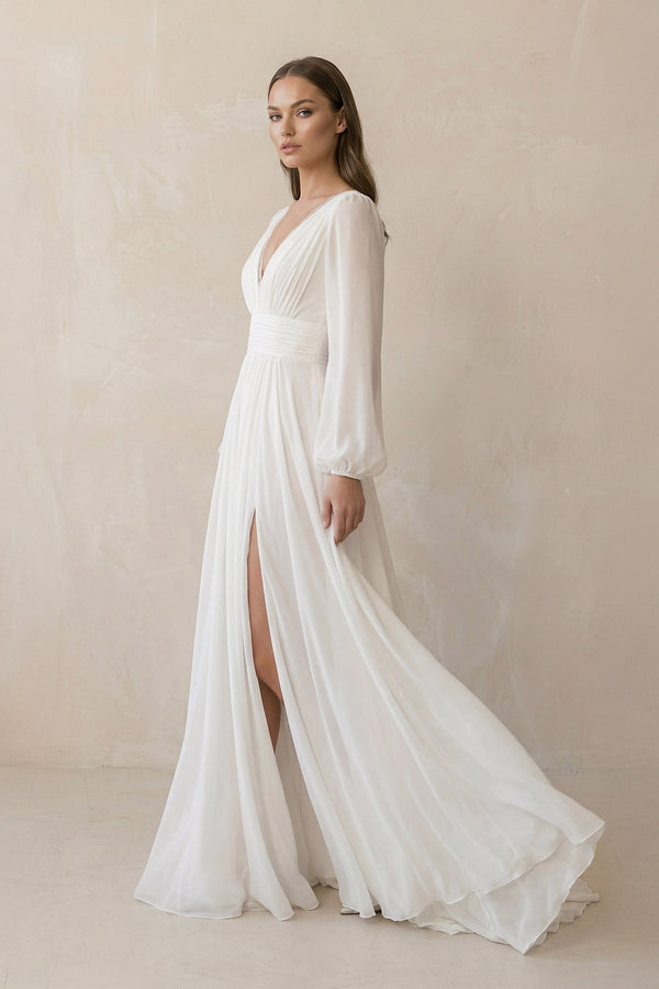 Long Sleeves Chiffon Wedding Dress With Slit in White - SHE IS ME Wedding Dresses