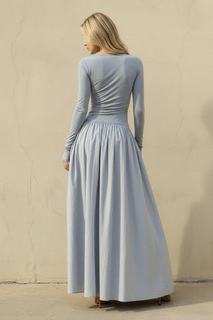 Long Sleeves Ruched Maxi Dress in Dusty Blue - SHE IS ME