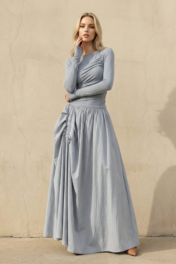 Long Sleeves Ruched Maxi Dress in Dusty Blue - SHE IS ME