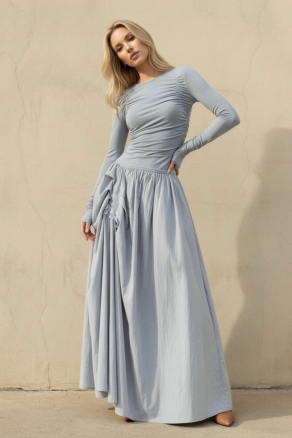 Long Sleeves Ruched Maxi Dress in Dusty Blue - SHE IS ME