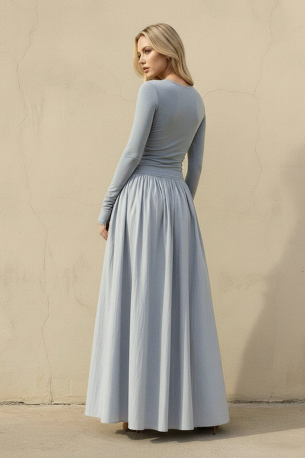Long Sleeves Ruched Maxi Dress in Dusty Blue - SHE IS ME