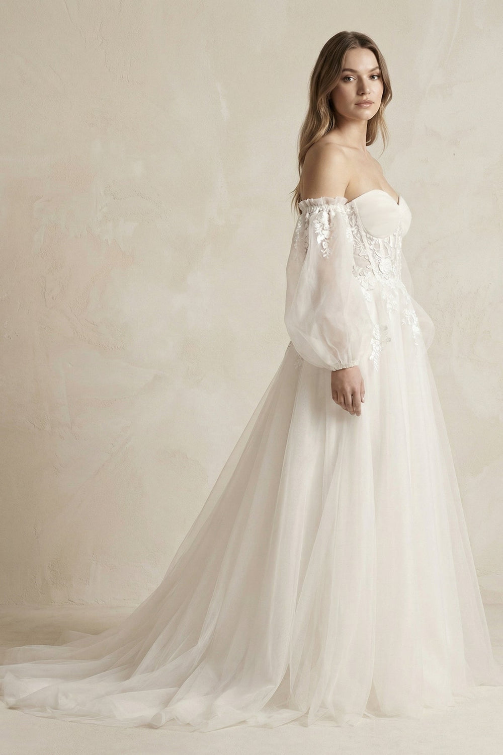Long Sleeves Tulle A - Line Off - the - Shoulder Wedding Dress in White - SHE IS ME Wedding Dresses