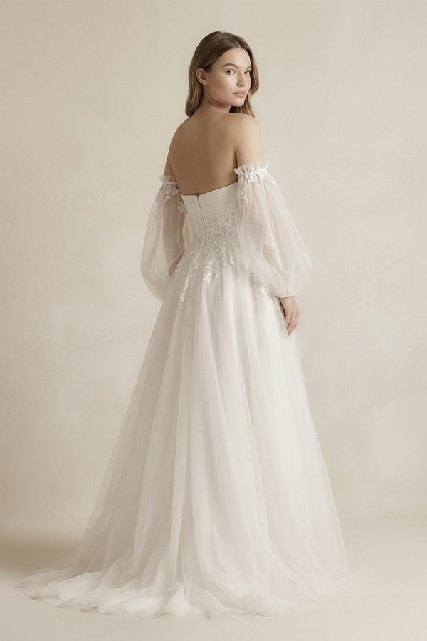 Long Sleeves Tulle A - Line Off - the - Shoulder Wedding Dress in White - SHE IS ME Wedding Dresses