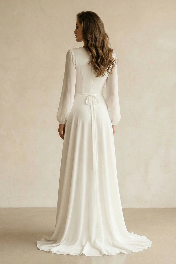 Long Sleeves V - Neck Chiffon A - Line Wedding Dress in White - SHE IS ME Wedding Dresses
