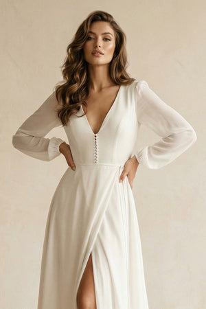 Long Sleeves V - Neck Chiffon A - Line Wedding Dress in White - SHE IS ME Wedding Dresses