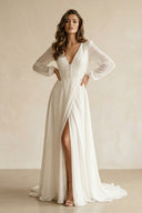 Long Sleeves V - Neck Chiffon A - Line Wedding Dress in White - SHE IS ME Wedding Dresses