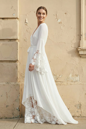 Long Sleeves V Neck Lace Wedding Dress in White - SHE IS ME Wedding Dresses
