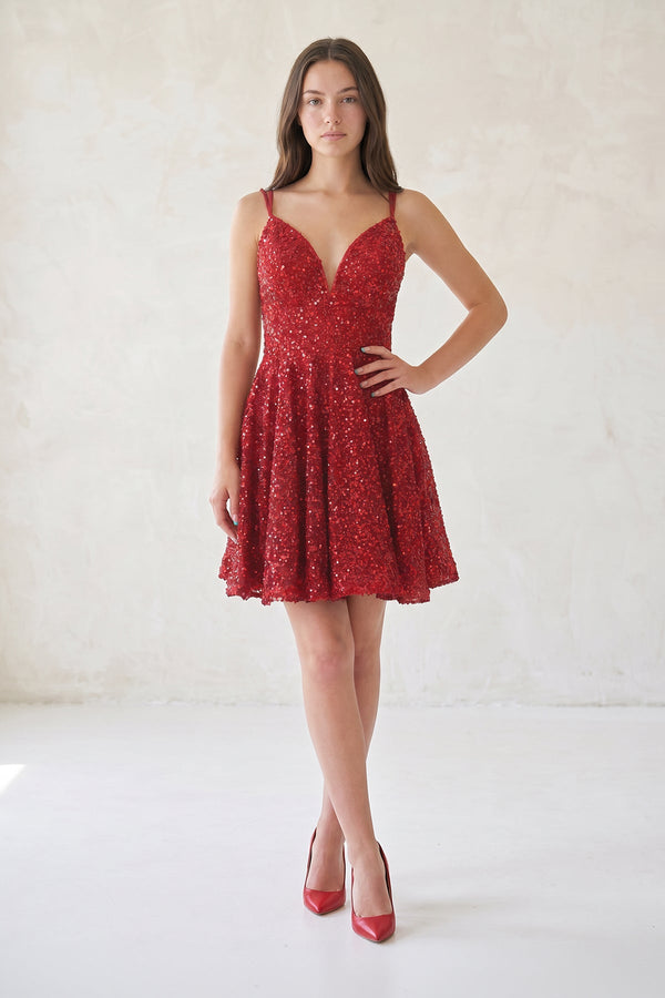 Red A Line V Neck Sequined Short Homecoming Dresses - SHEISME