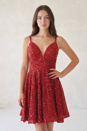 Red A Line V Neck Sequined Short Homecoming Dresses - SHEISME