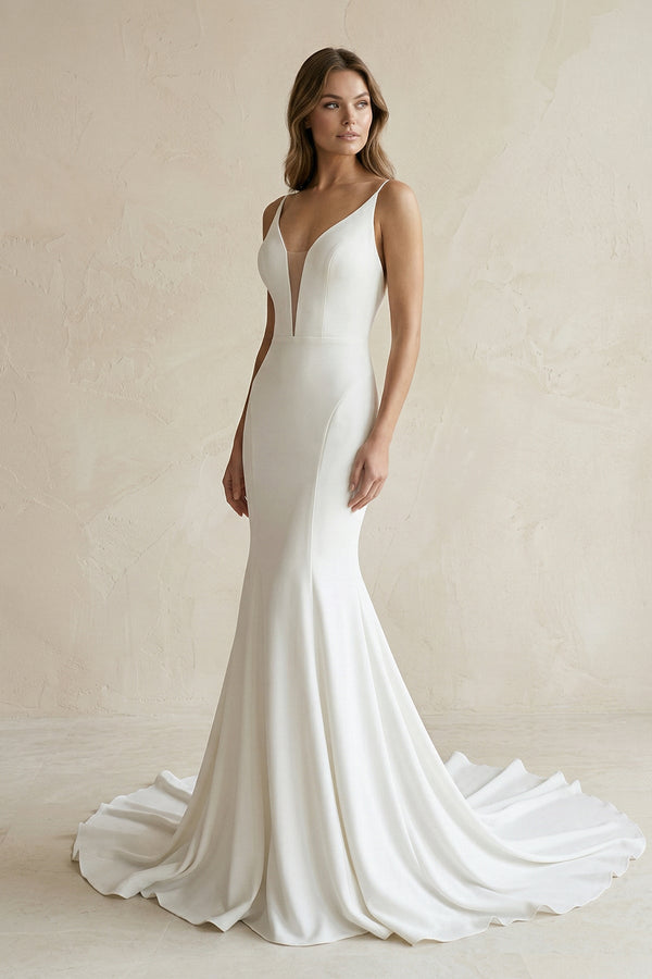 Mermaid Backless Satin Wedding Dress in White - SHE IS ME Wedding Dresses